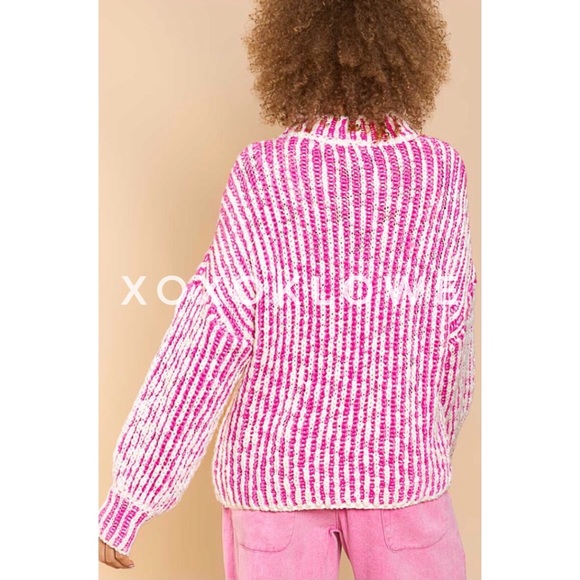 POL Hot Pink + White Striped Turtleneck Sweater Relaxed Fit - Picture 5 of 13